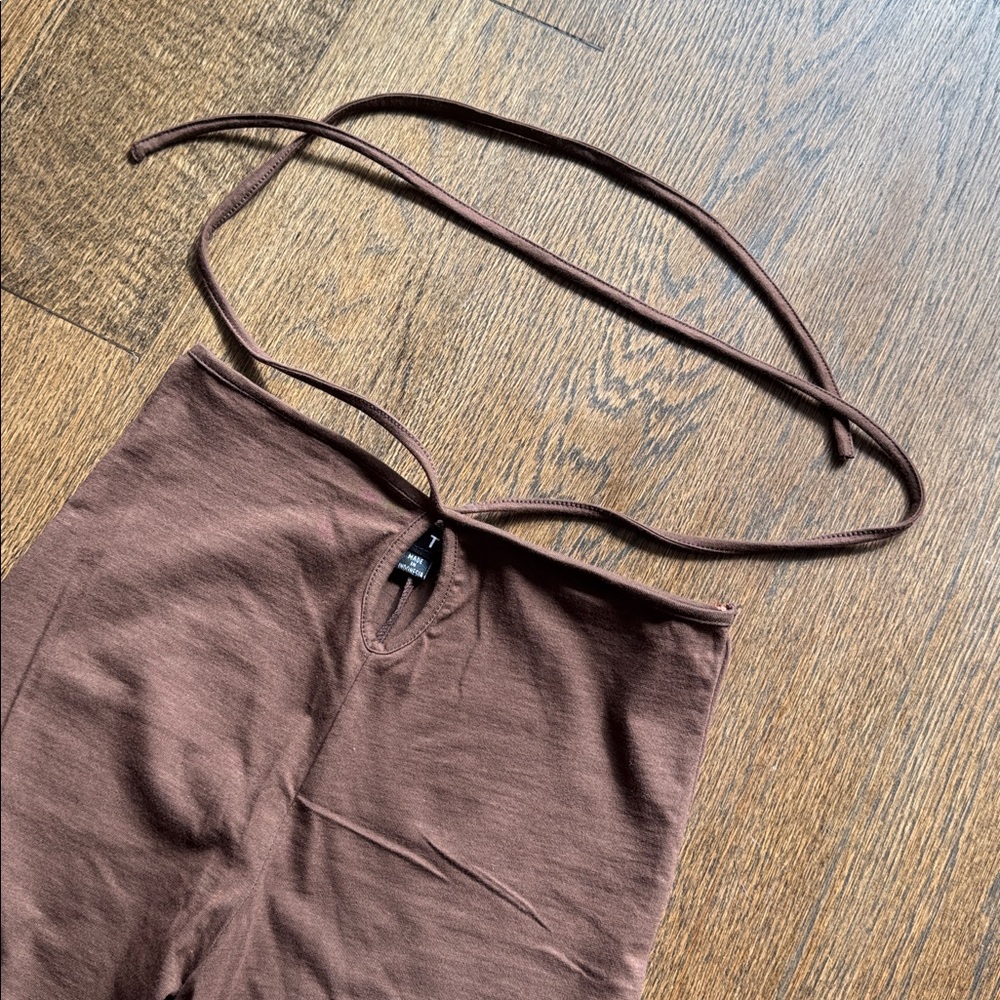 Chocolate Brown Flare Stretch Pants with Belly Button Hole - Picture 3 of 4